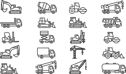 Construction Vehicles Line Icon Set with Excavator, Bulldozer, Dump Truck, Crane, Forklift, Tractor and Heavy Equipment Machinery Symbols © Mstferdoshi