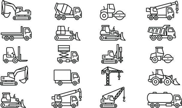Construction Vehicles Line Icon Set with Excavator, Bulldozer, Dump Truck, Crane, Forklift, Tractor and Heavy Equipment Machinery Symbols