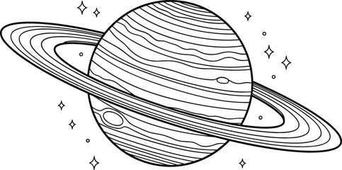 Simple black and white line art vector illustration of the planet Saturn with rings and surrounding stars © Bappi