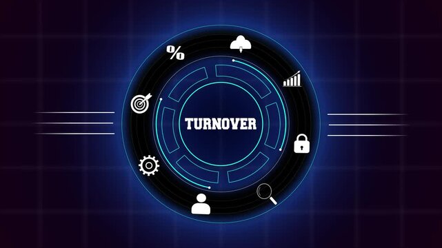 Business turnover tracking and annual sales performance concept, featuring a glowing blue digital circular interface with icons for revenue analysis.