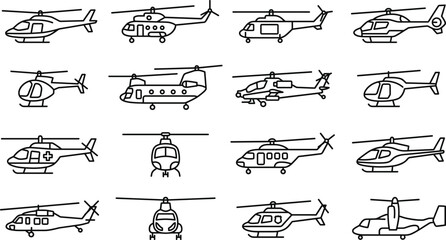 Helicopter Aircraft Line Icon Set with Rescue Chopper, Military Helicopter, Transport Aircraft and Aviation Rotorcraft Symbols Collection © Mstferdoshi