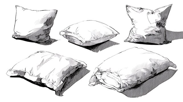 Five sandbags arranged in a loose circle clean line art illustration white on white background with subtle shading