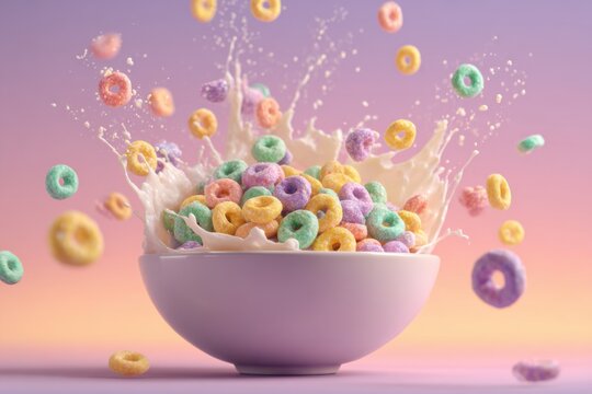 Colorful cereal rings splashing in milk breakfast bowl