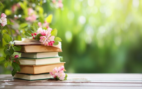 Stacked Books with Flowers in a Garden During Spring Rain at Low Angle