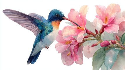 Fototapeta premium Vivid Hummingbird with Colorful Flowers in Bright Natural Setting