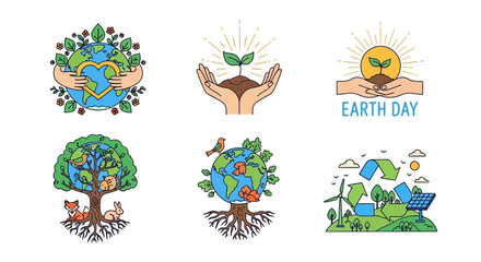 Vibrant Earth Day illustrations promoting eco friendly living and sustainability