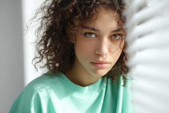Close up portrait of hispanic female young adult with curly hair and green eyes looking through blinds wearing mint green top