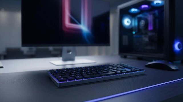 High-Performance Gaming PC Setup with RGB Lighting and Modern Monitor.
