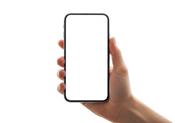 Hand holding a smartphone with red fingerprints on the screen isolated on transparent background 'Png