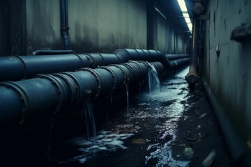 Fototapeta premium Water leaking from large industrial pipes creating stream in a dark underground tunnel