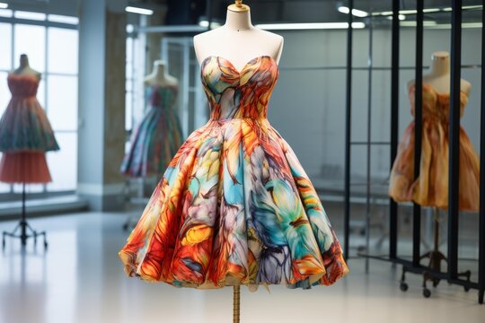 Colorful abstract pattern strapless dress on a mannequin in a clothing design workshop