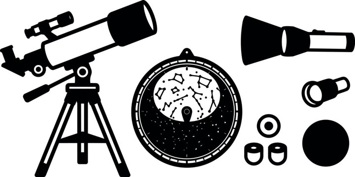 Vector telescope and star chart set showing tripod mounted refractor with eyepieces and accessories black silhouette composition top down technical