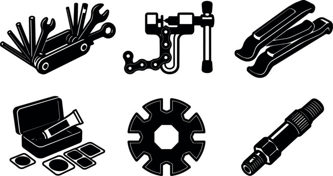 Flat design close set of bicycle repair tools multi tool chain tool tire levers patch kit spoke wrench valve core