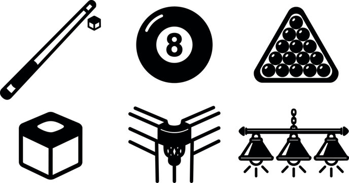 Flat design overhead billiards icon set showing pool cue and chalk eight ball triangle rack cue cube and hanging lights