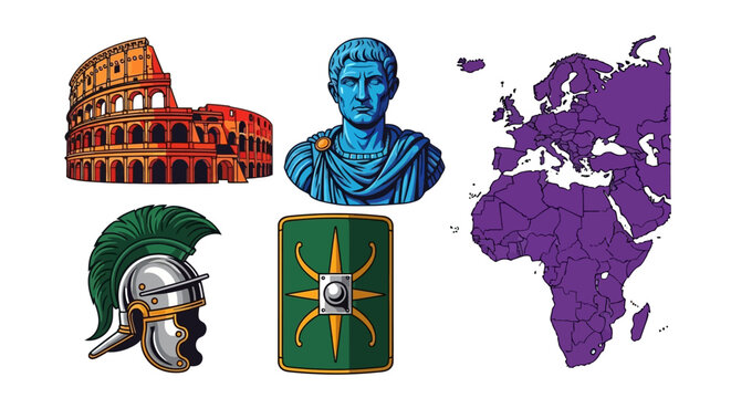 Ancient Roman symbols and landmarks on world map