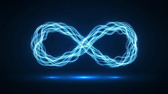 Infinity loop glowing neon light symbol pulsing on a dark background for eternal technology and continuous data flow concepts.