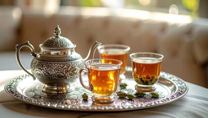 Fototapeta premium Gleaming Silver Tea Set with Ornate Details Serving Warm, Aromatic Brew in Glass Cups