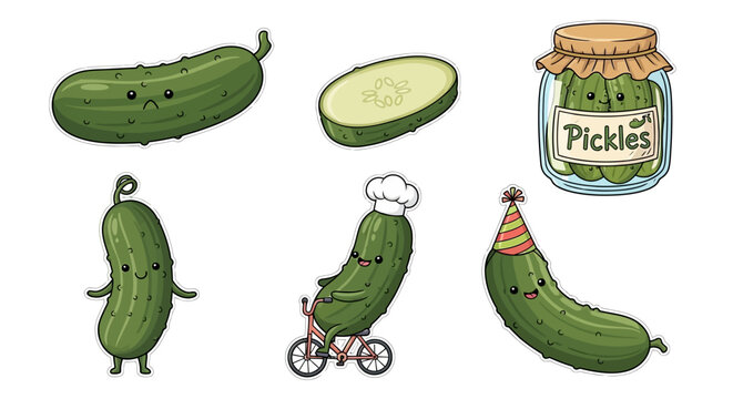 Cute pickles characters in various fun scenes and poses