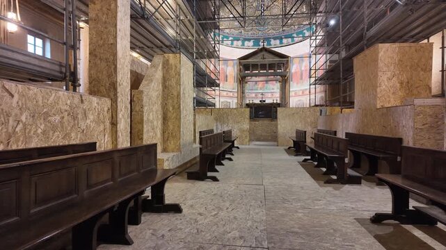 Medieval Church Interior Under Restoration With Scaffolding Slow Motion