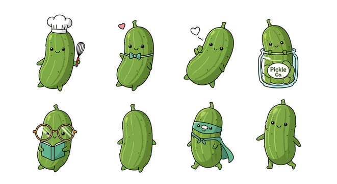 Adorable cartoon pickles in various fun poses and costumes