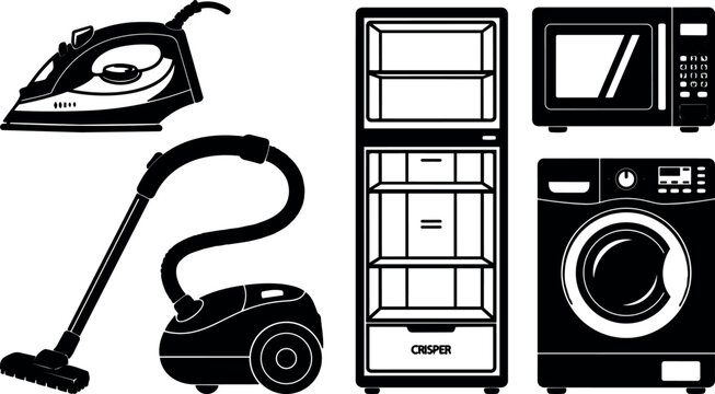 Minimalist flat design close up household appliance icons iron vacuum refrigerator microwave washing machine arranged on white background set vector
