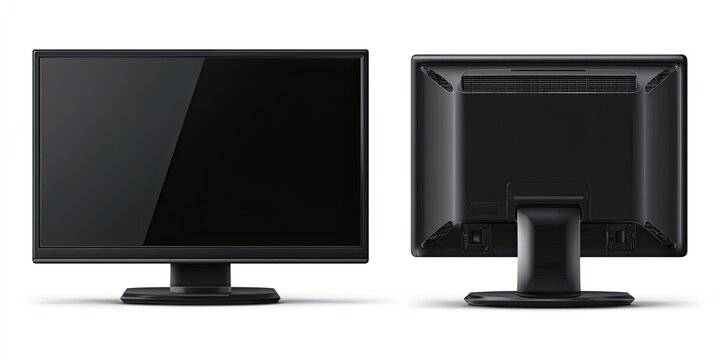 Front and back views of a black computer monitor, showing screen and ports