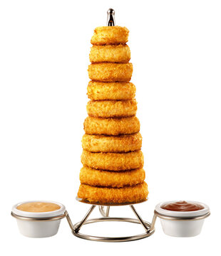 Vertical tower of crispy onion rings with pots of barbecue sauce and mayonnaise isolated on a transparent background