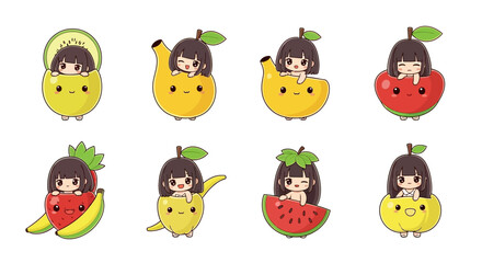Obraz premium A colorful illustration of cartoon characters with various fruits