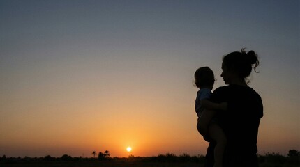 Fototapeta premium Silhouette of mother holding toddler at sunset with warm sky gradient and copy space, family love and motherhood bonding outdoors.
