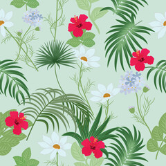 Tropical flowers seamless pattern with green palm leaves © Artlu