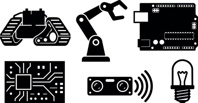Flat design icons of robotic components tracked robot arm arduino circuit board ultrasonic sensor and bulb in minimalist silhouette