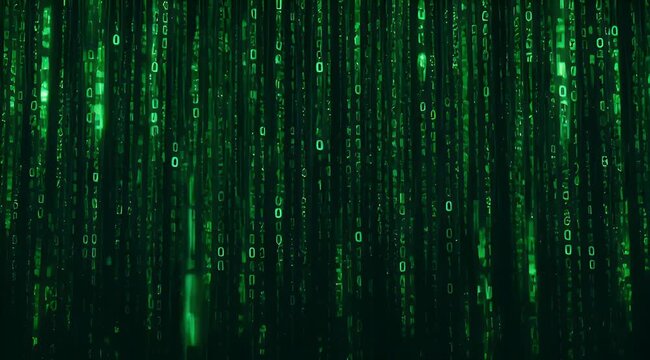 Green code matrix background with falling binary numbers
