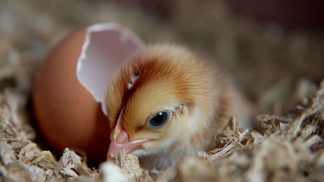 Newborn chick just hatched in rustic nest with eggshell