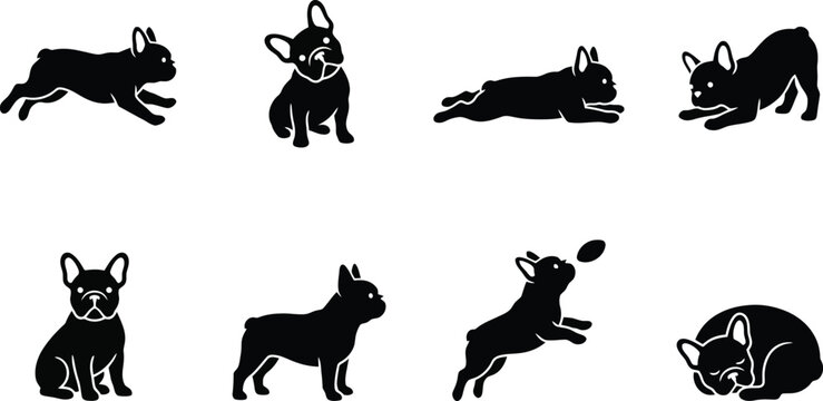 Dynamic silhouette illustrations of playful French bulldogs in various poses and activities
