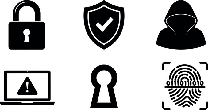 Flat design security icon set showing padlock shield hooded hacker laptop warning keyhole and biometric fingerprint with binary code vector