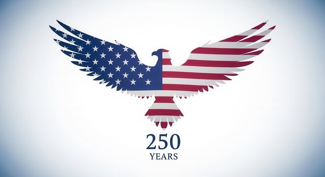 American bald eagle silhouette with USA flag texture for 250 years anniversary. Patriotic United States semiquincentennial graphic element for national holiday and independence day.