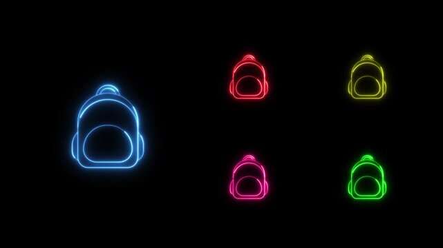 Collection of glowing neon backpack icon animations in blue, red, yellow, pink, and green colors on a black background. Education. School supplies. Learning. Travel. Student life