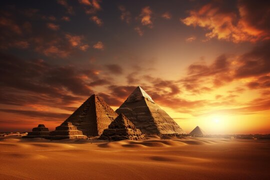 Ancient pyramids of giza rising from the vast desert expanse under a dramatic sunset sky