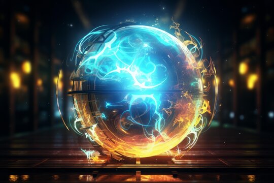 Sphere generating and containing powerful blue and orange energy in a conceptual data center