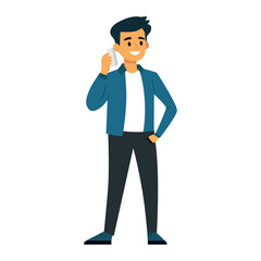 Obraz premium Illustration of a smiling man holding a phone with one hand in pocket standing