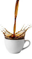 Fototapeta premium Coffee being poured into a white cup, creating a splash, isolated on transparent background