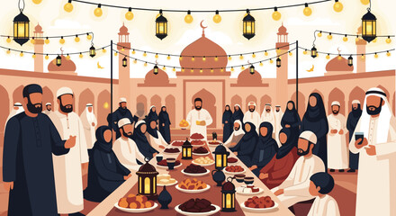 Fototapeta premium Ramadan Kareem Night Illustration with Mosque, Lanterns, Crescent Moon and Iftar Dates