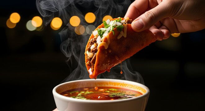Birria Tacos with Consome Dip Held Over Steaming Broth Bowl