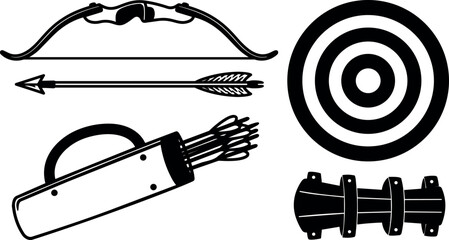 Flat design top view archery equipment set bow arrow quiver target armguard close up minimal black silhouette on white vector