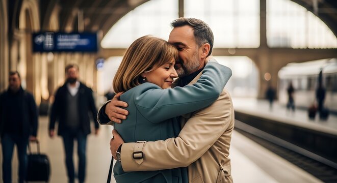 Emotional Reunion of Mature Couple Hugging at Railway Platform