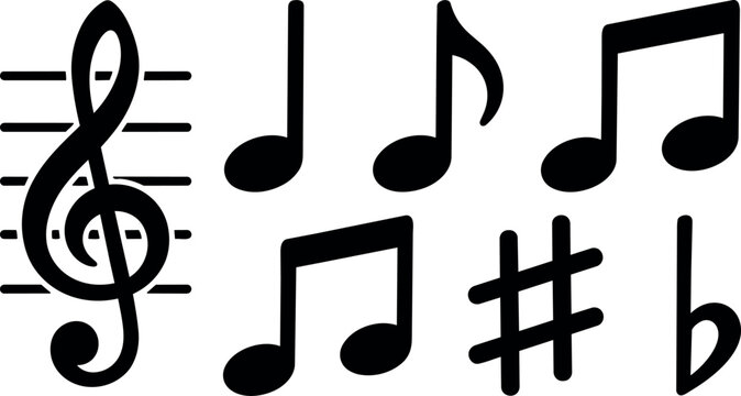 Flat design musical symbols set treble clef notes sharp flat isolated vector icons close up black on white simple minimal