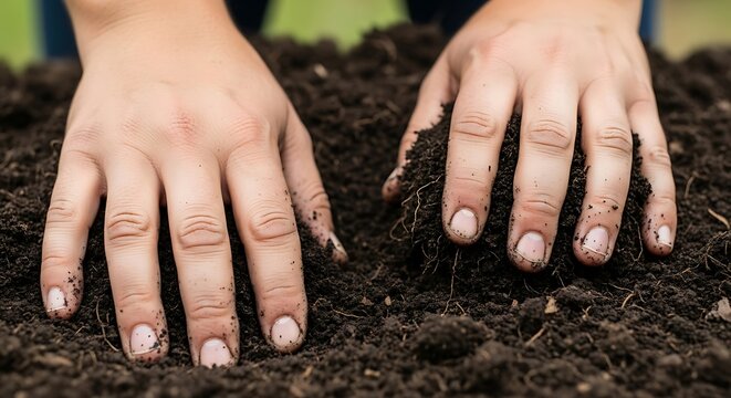 Close up of hands planting in fertile soil representing agriculture