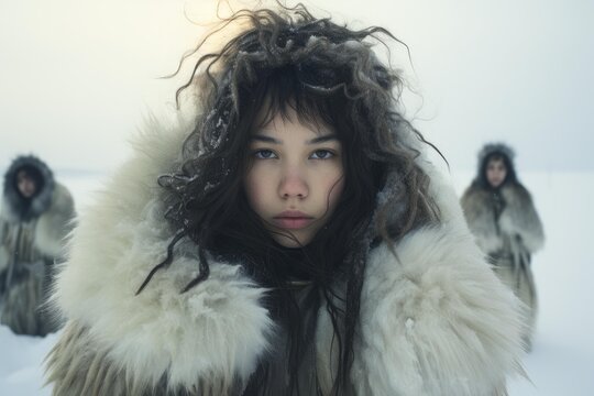 Young woman in fur coat and two figures in background in a snowy arctic environment