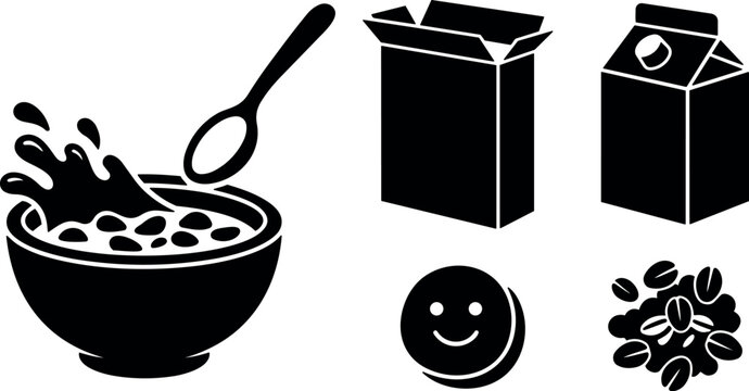 Minimalist vector cereal bowl with splash and spoon alongside cereal box milk carton cookie and coffee beans black icons