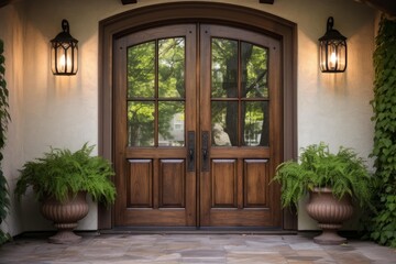 Naklejka premium Wooden double doors, lanterns, and potted plants decorating a house entrance